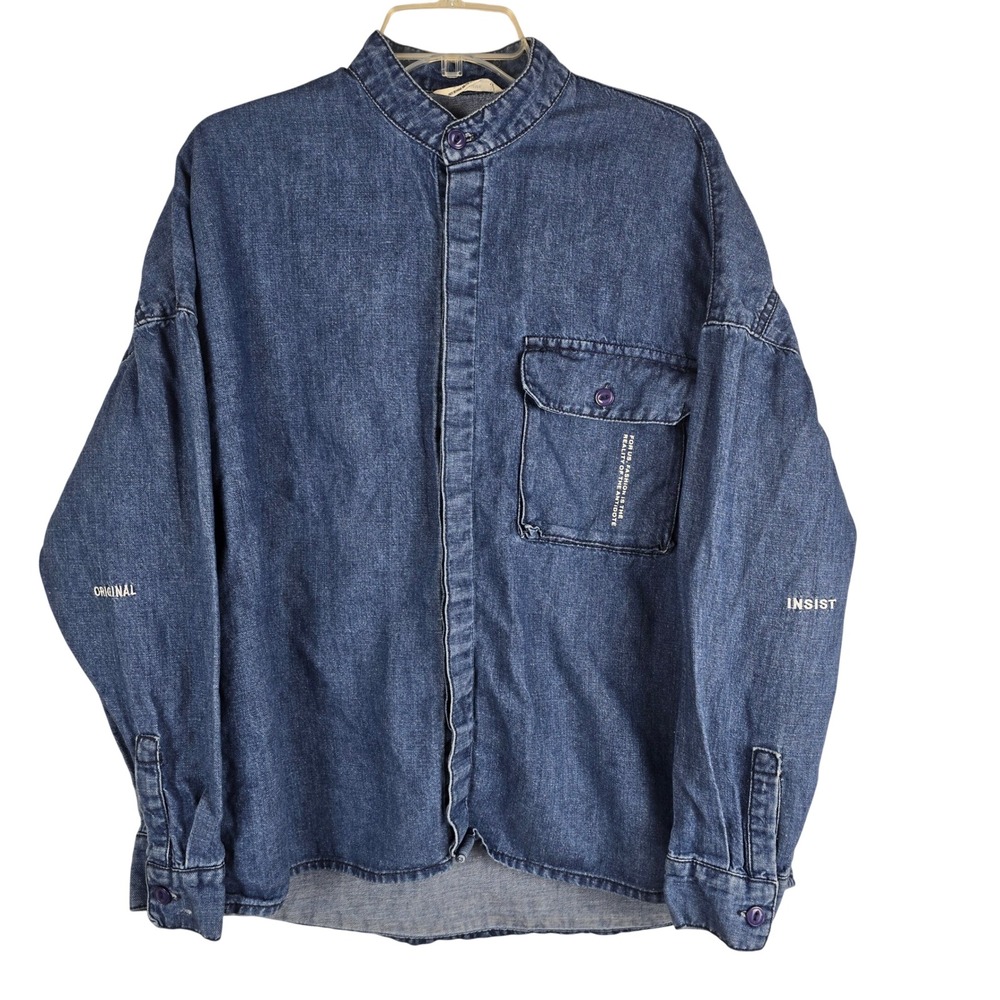 NOT HOMME Blue Denim Button Up Shirt Men's Medium Streetwear Graphic Text